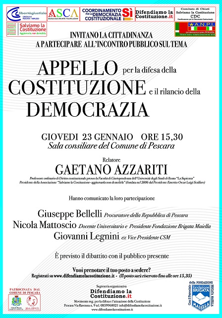 Appello per la Costituzione, il 23 gennaio a Pescara evento con Azzariti