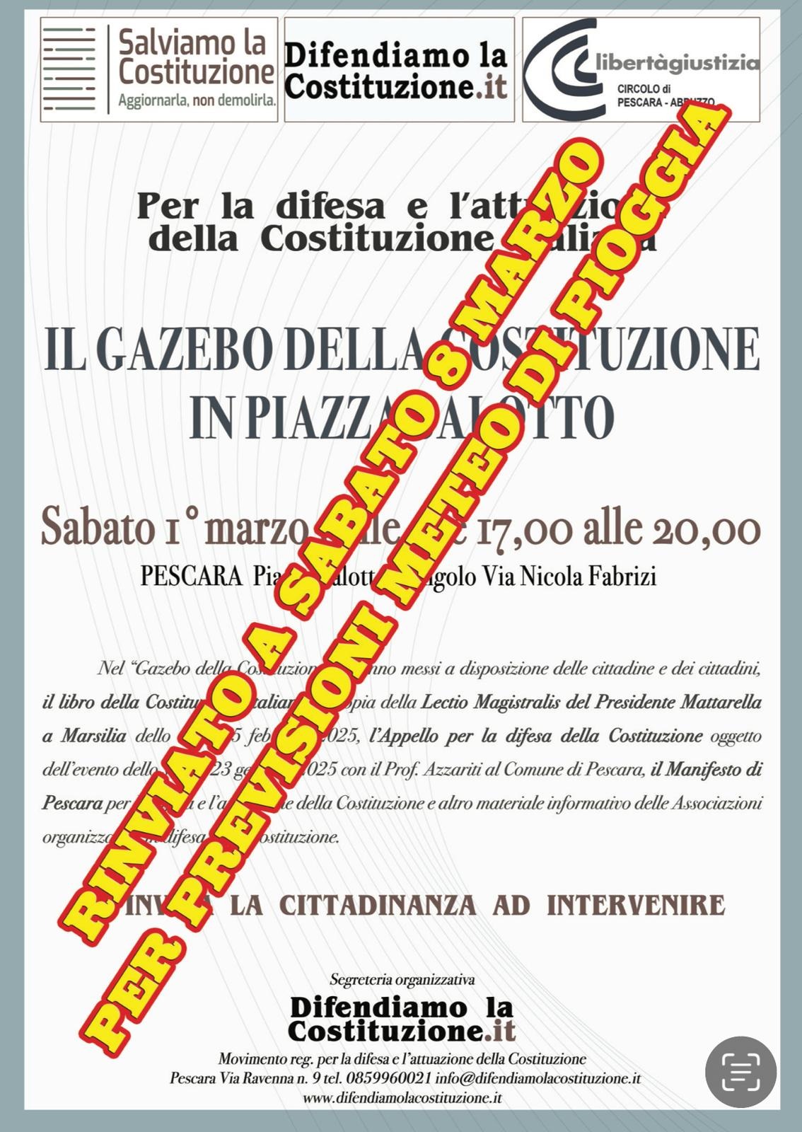 RINVIATO A SABATO 8 MARZO IL GAZEBO DELLA COSTITUZIONE IN PIAZZA SALOTTO CAUSA PREVISIONI PIOGGIA